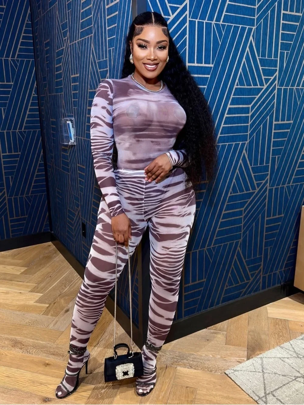 Women's Brown Printed Long-Sleeve Jumpsuit